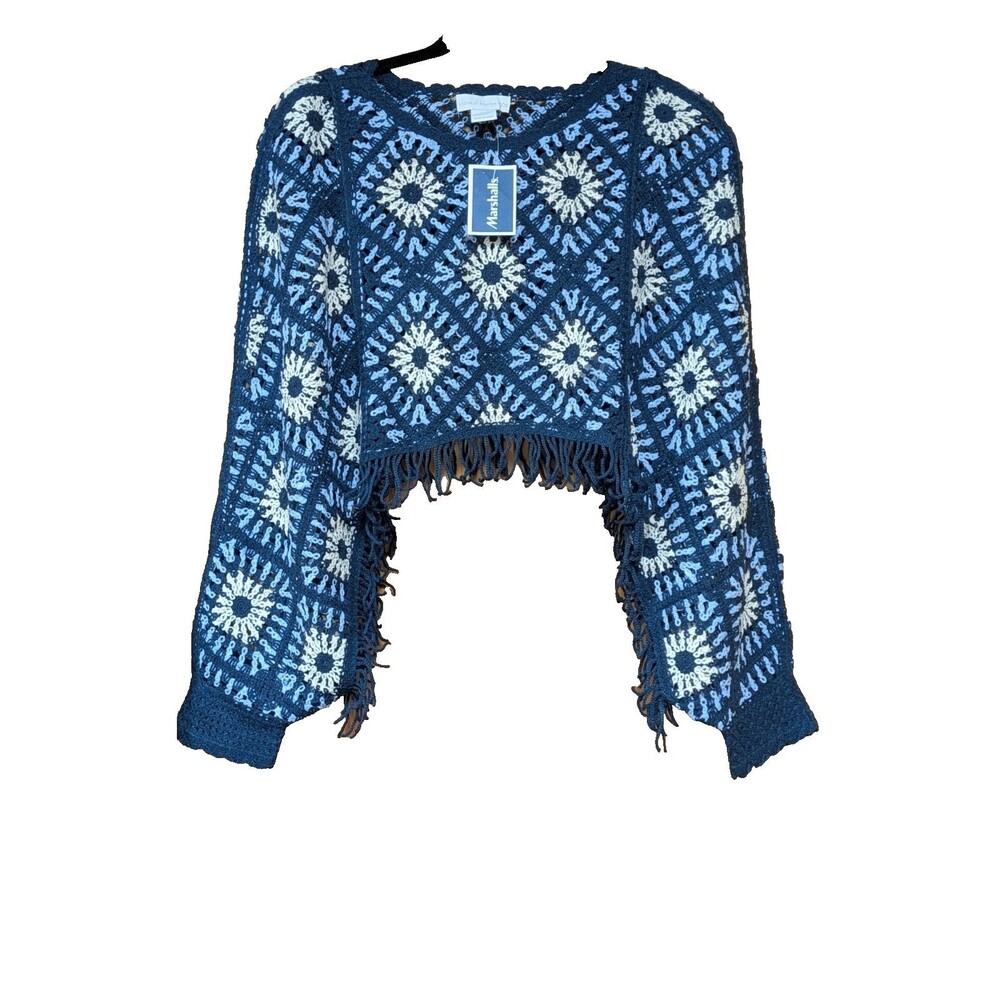 House of Harlow 1960 Women's Crochet Fringe Geometric Shawl Wrap Blue Black